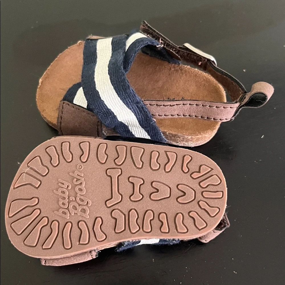 Baby B’gosh Navy and White Striped Infant Sandals with Brown Accents